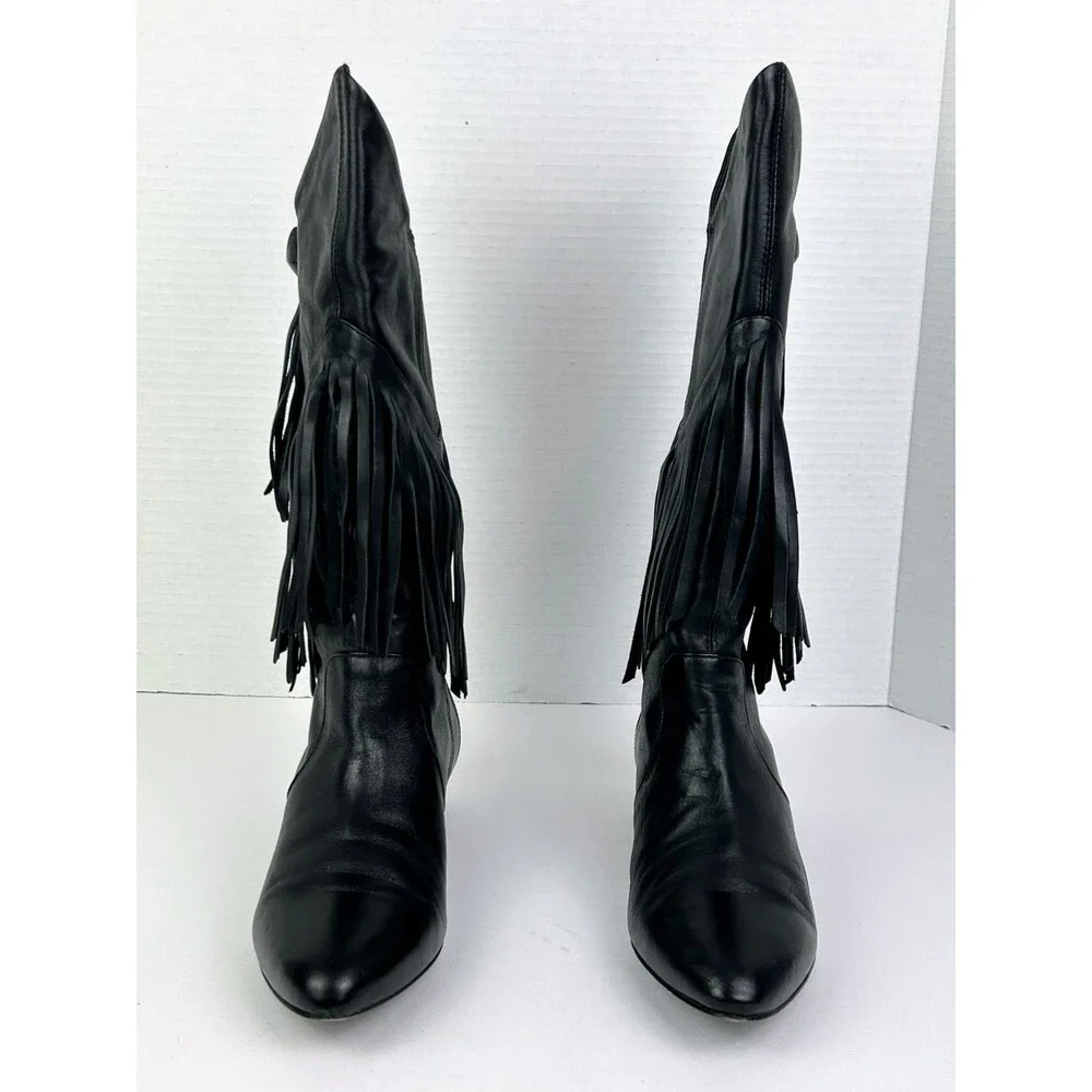 Pour La Victoire Western Cowboy Boots Mid Calf Fringe Leather Pointed Toe 7.5